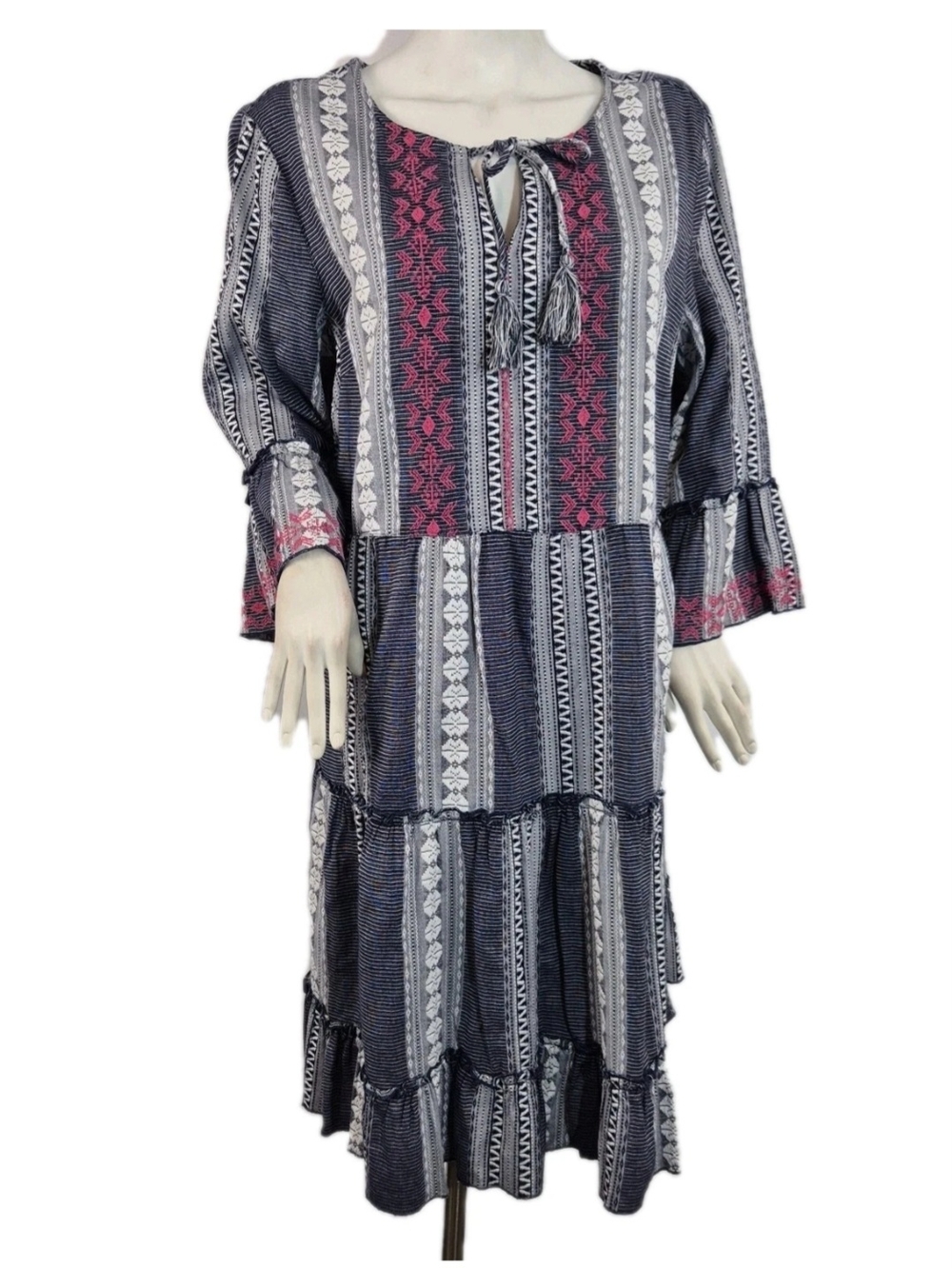 John Mark Women's Dress Size L Floral Embroidered Blue White Pink Stripe NWT 25